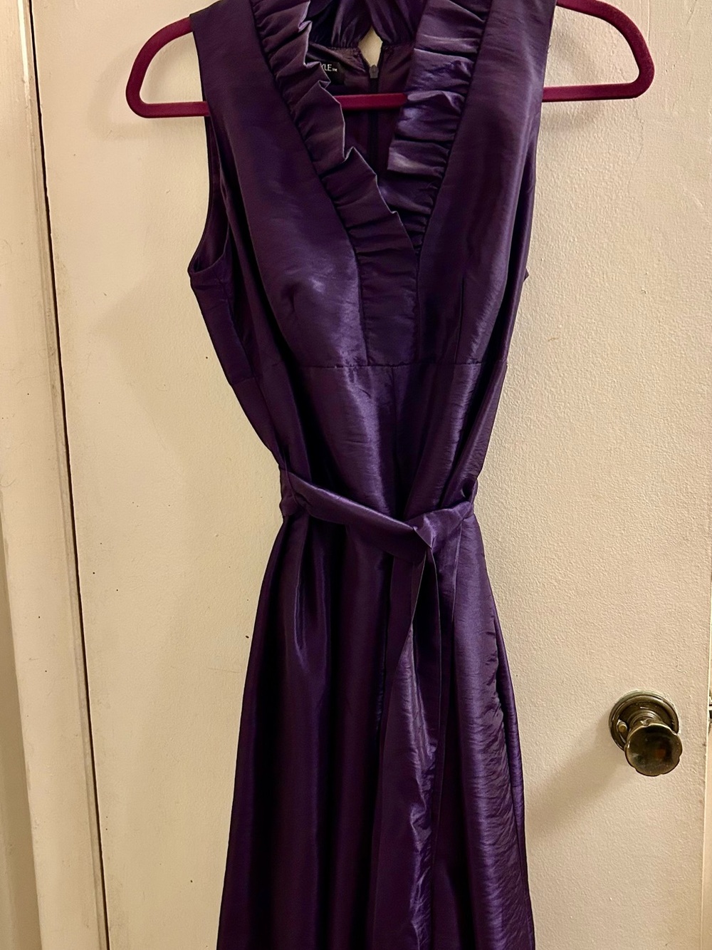 London Style Satin Ruffled V-Neck Maxi Dress in Deep Purple
